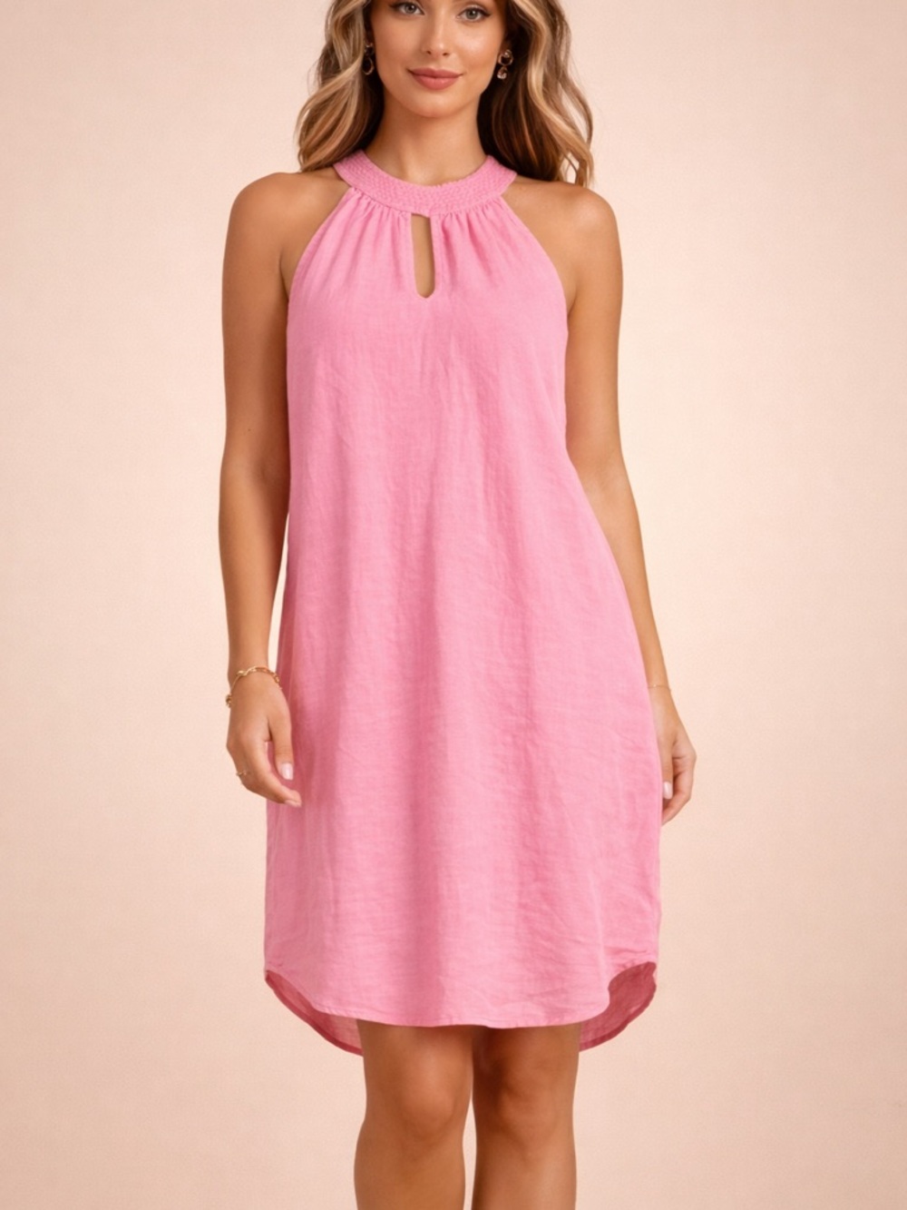 C&C California 100% Linen Pink Sleeveless Keyhole Halter Shift Dress Size M